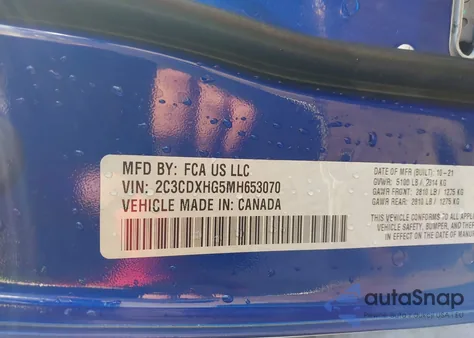 2021 Dodge Charger Gt Rwd из США, поврежденный, VIN 2C3CDXHG5MH653070